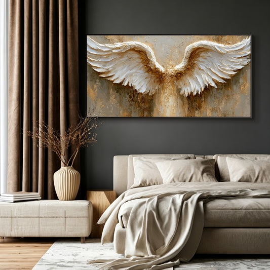 Angel wings impasto acrylic/oil painting on canvas, original palette knife textured wall art, gold and white handpainted