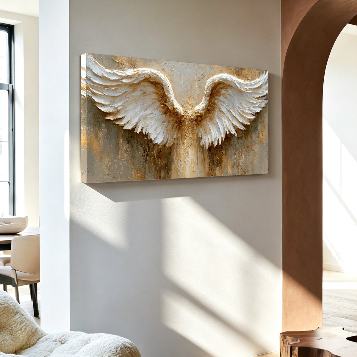 Angel wings impasto acrylic/oil painting on canvas, original palette knife textured wall art, gold and white handpainted