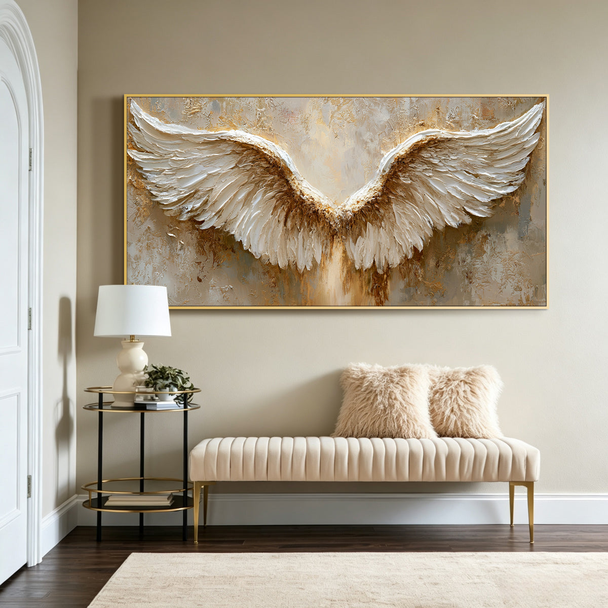 Golden angel wings impasto acrylic/oil painting on canvas, original palette knife textured wall art, handpainted