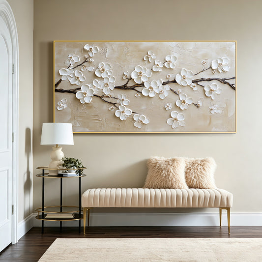 Champagne cherry blossom impasto acrylic/oil painting on canvas, original palette knife textured wall art, handpainted