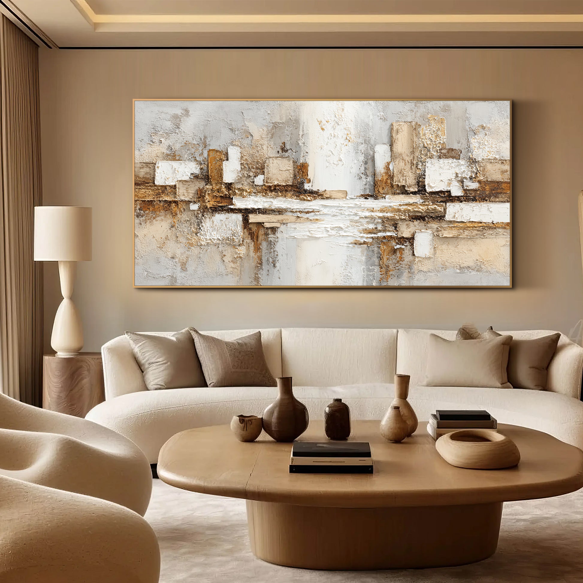 Gold and grey abstract impasto oil painting in luxury living room with warm neutral tones, large framed canvas wall art above sofa
