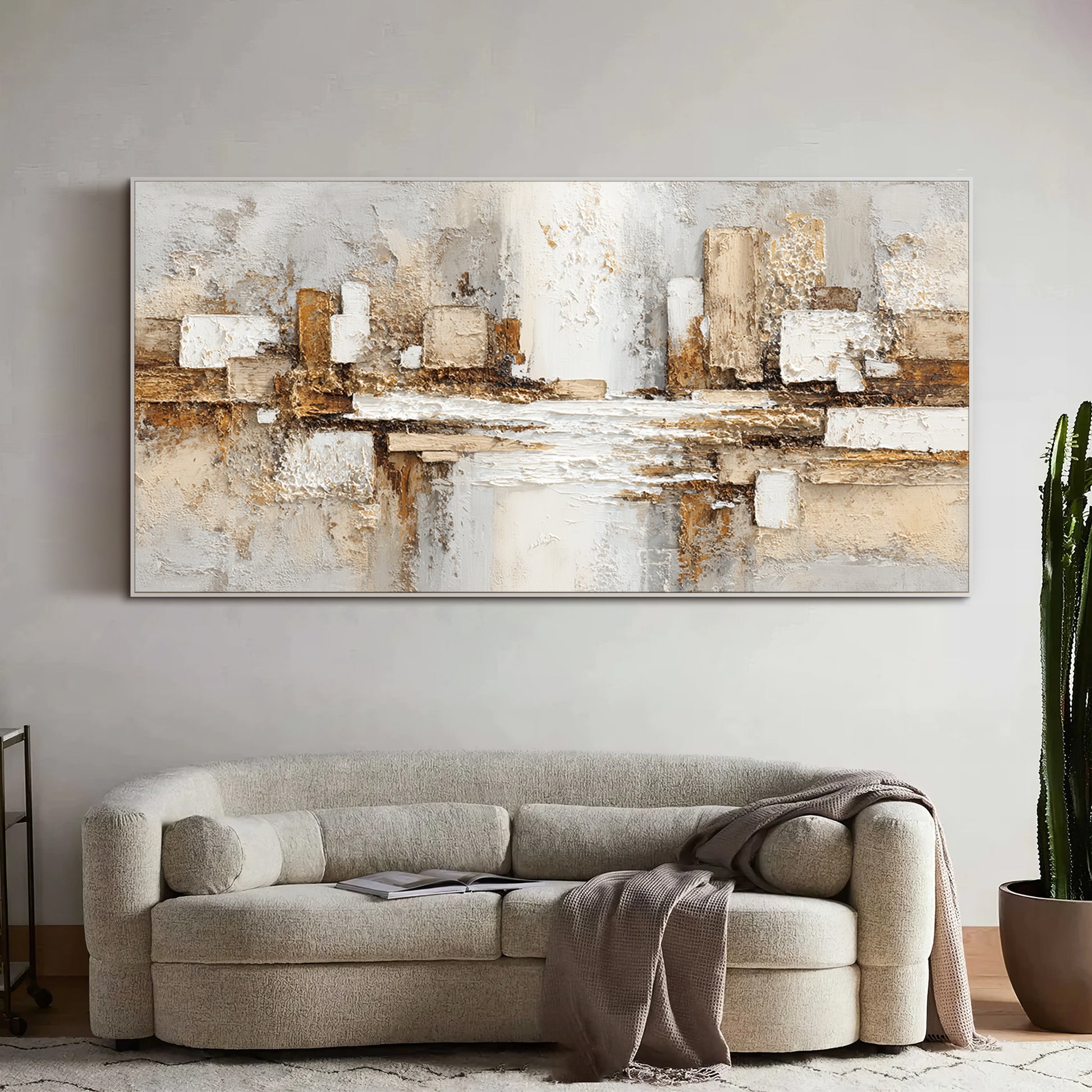 Large gold and grey abstract impasto oil painting above sofa in modern living room, original palette knife textured canvas wall art