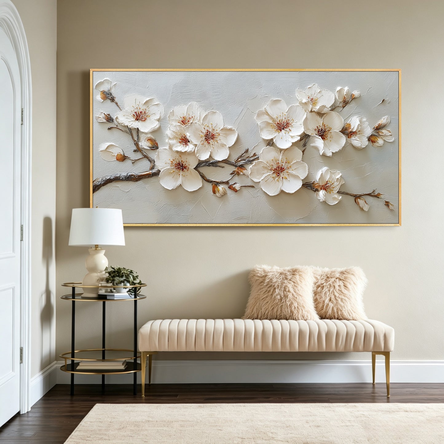 Cherry blossom branch impasto acrylic/oil painting on canvas, original palette knife textured wall art, custom hand-painted