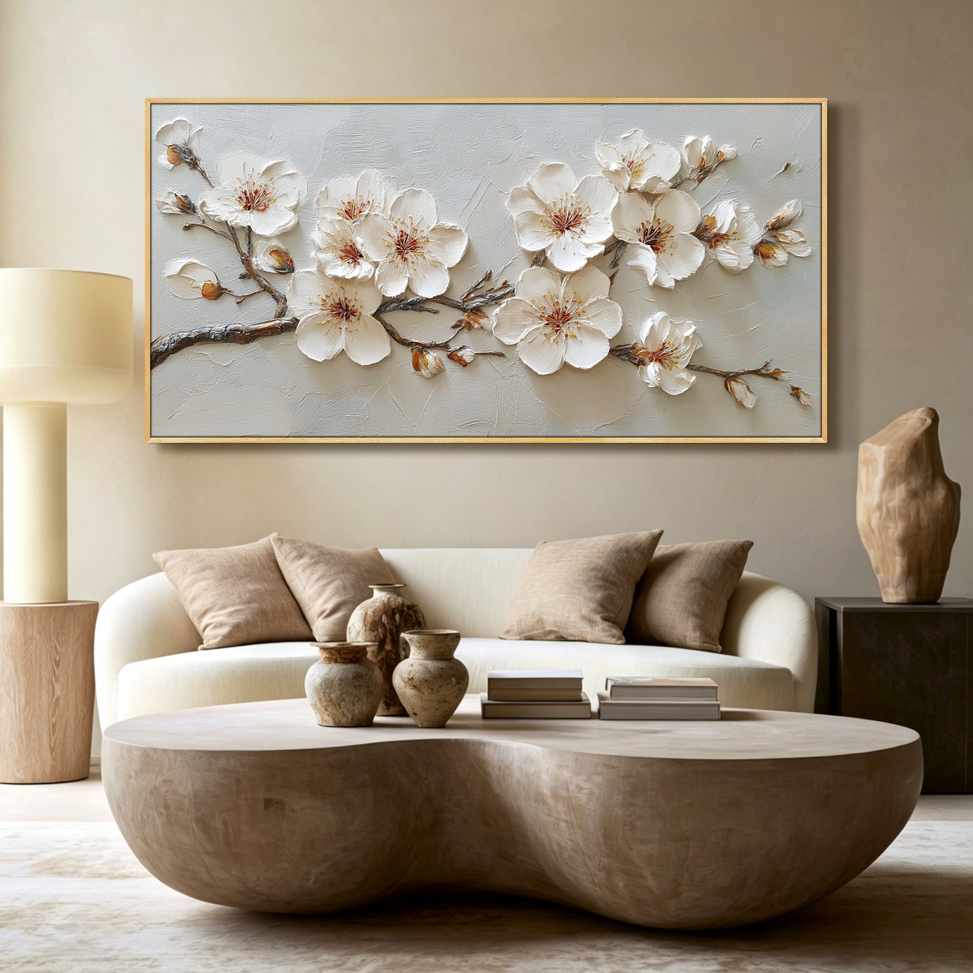 Cherry blossom branch painting displayed in modern living room, large custom canvas wall art