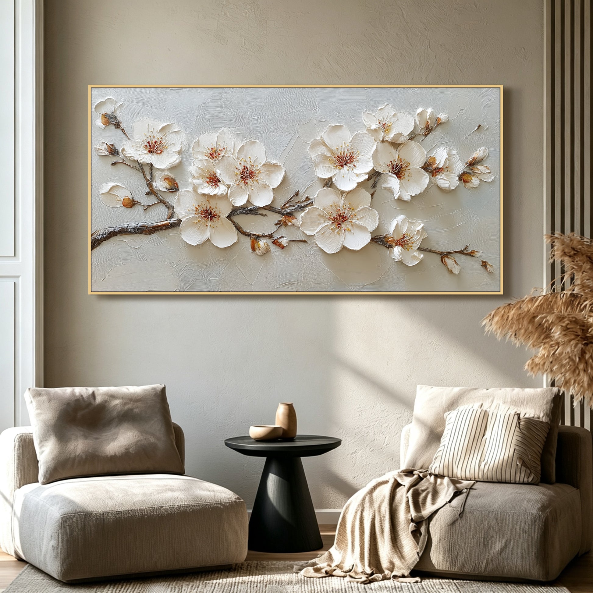 Cherry blossom branch painting displayed in modern living room, large custom canvas wall art