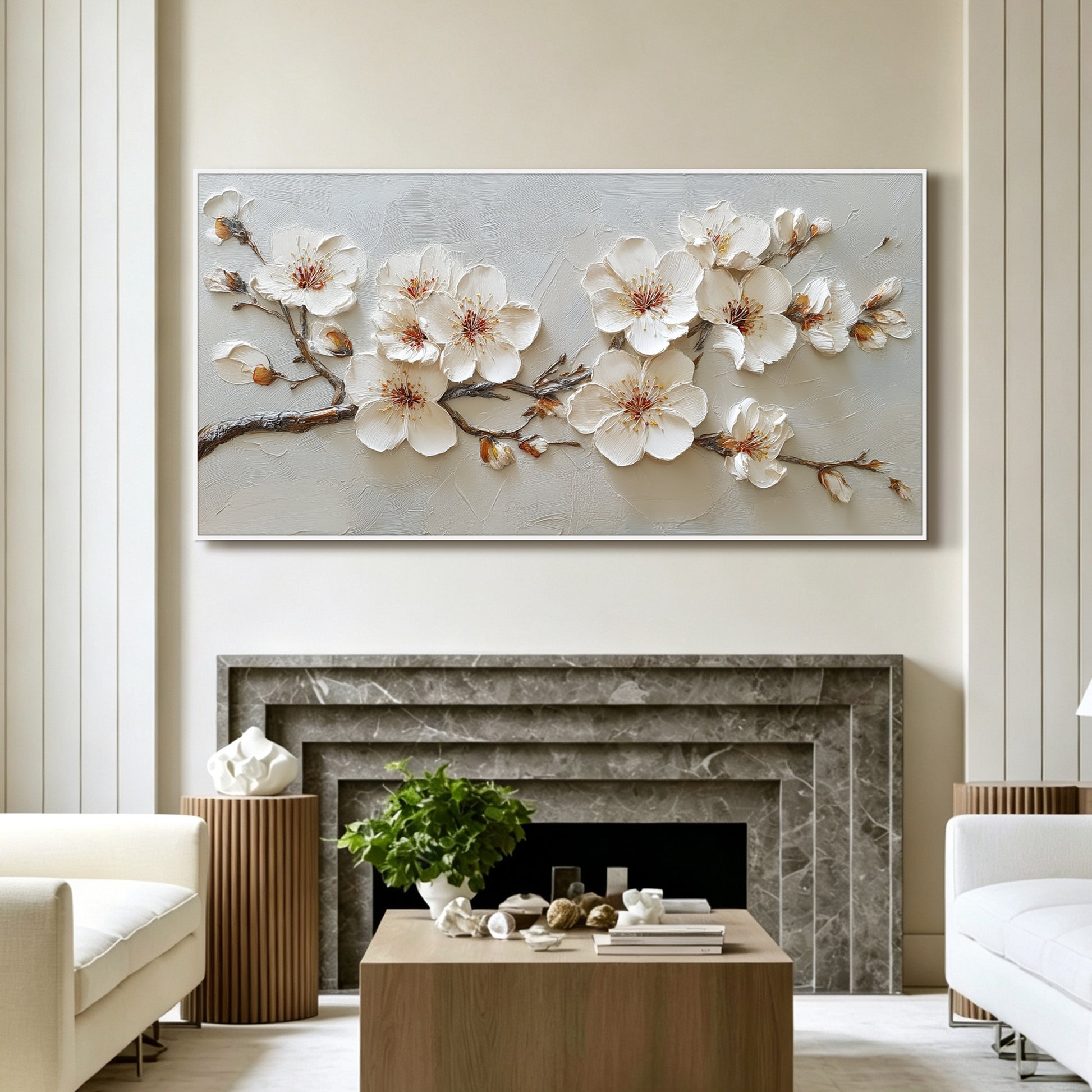Cherry blossom branch painting displayed in modern living room, large custom canvas wall art