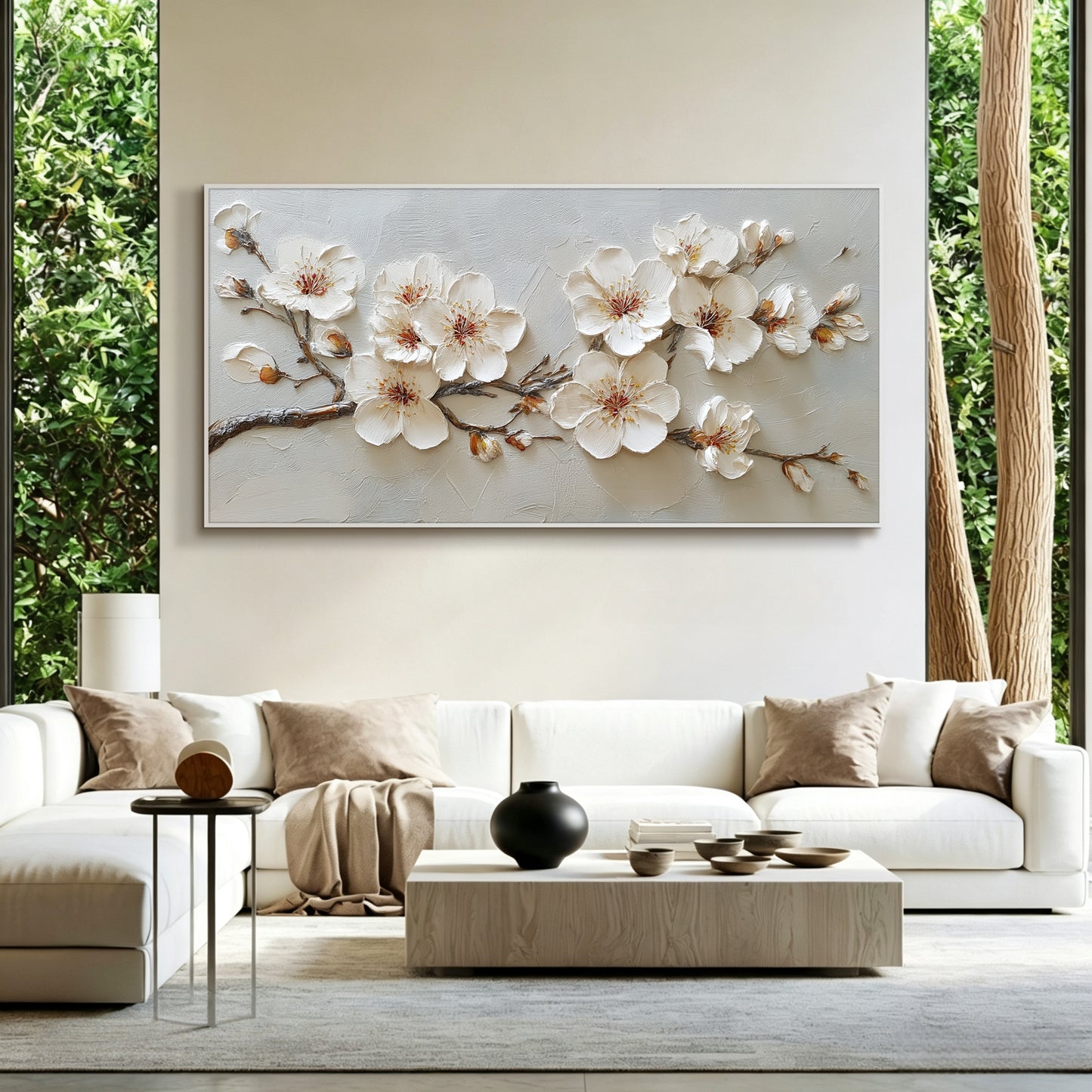 Cherry blossom branch painting displayed in modern living room, large custom canvas wall art