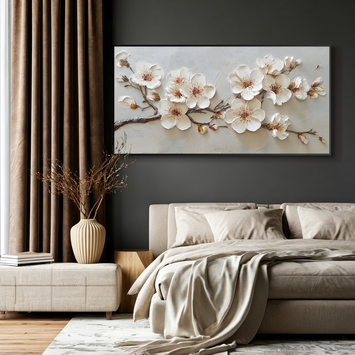 Cherry blossom branch painting displayed in bedroom, large custom canvas wall art