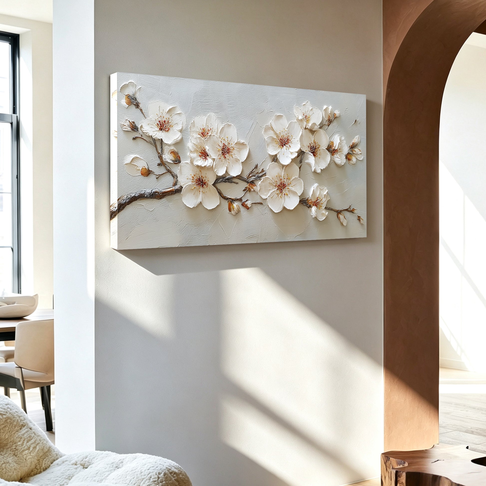 Cherry blossom branch painting displayed in entryway, large custom canvas wall art