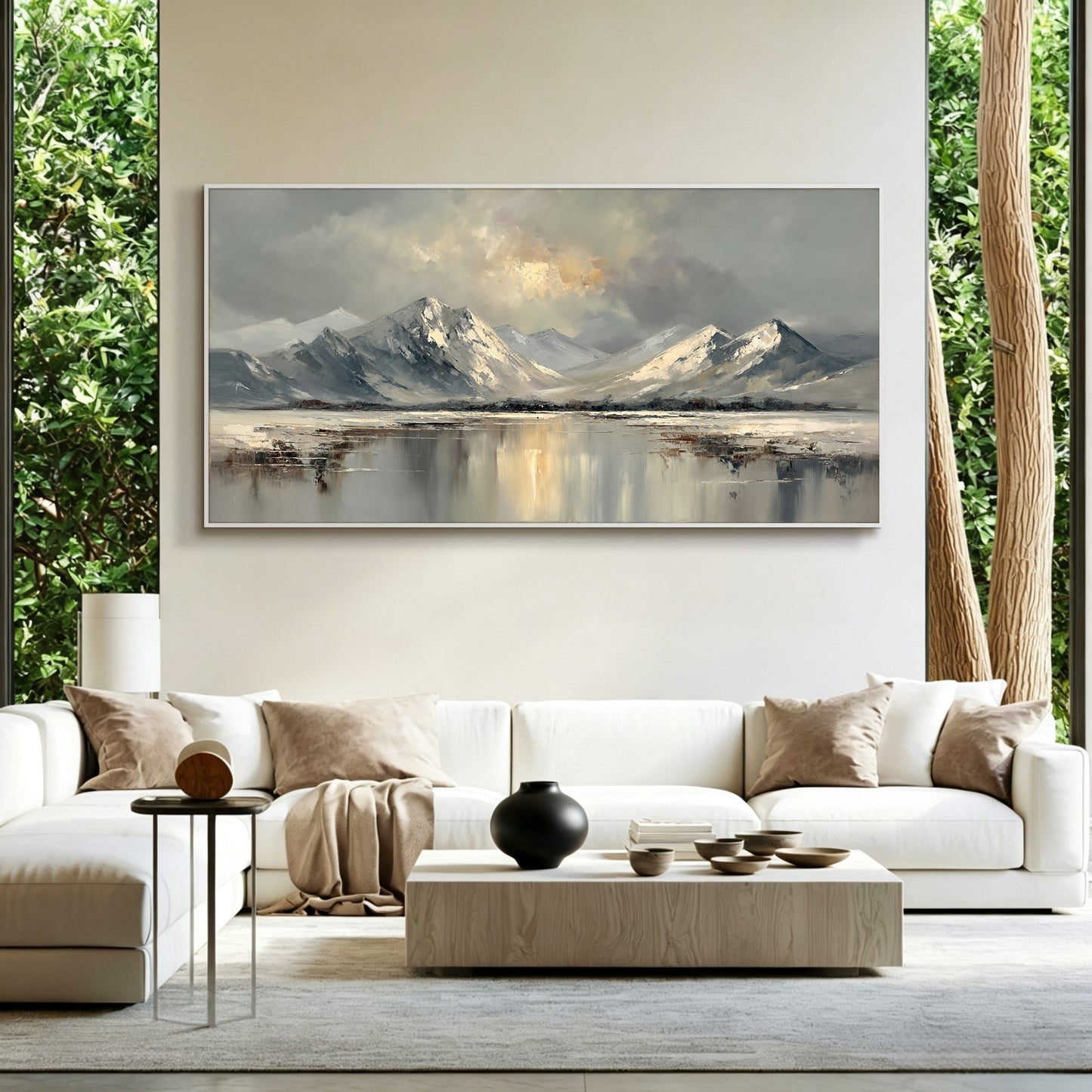 Mountain landscape painting displayed in modern living room, large custom canvas wall art