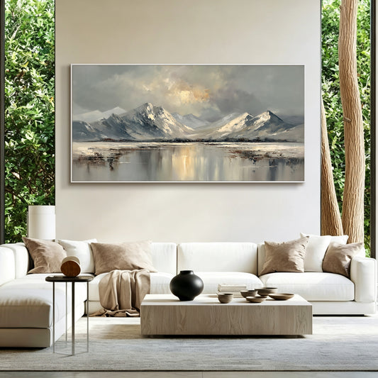 Mountain landscape painting displayed in modern living room, large custom canvas wall art
