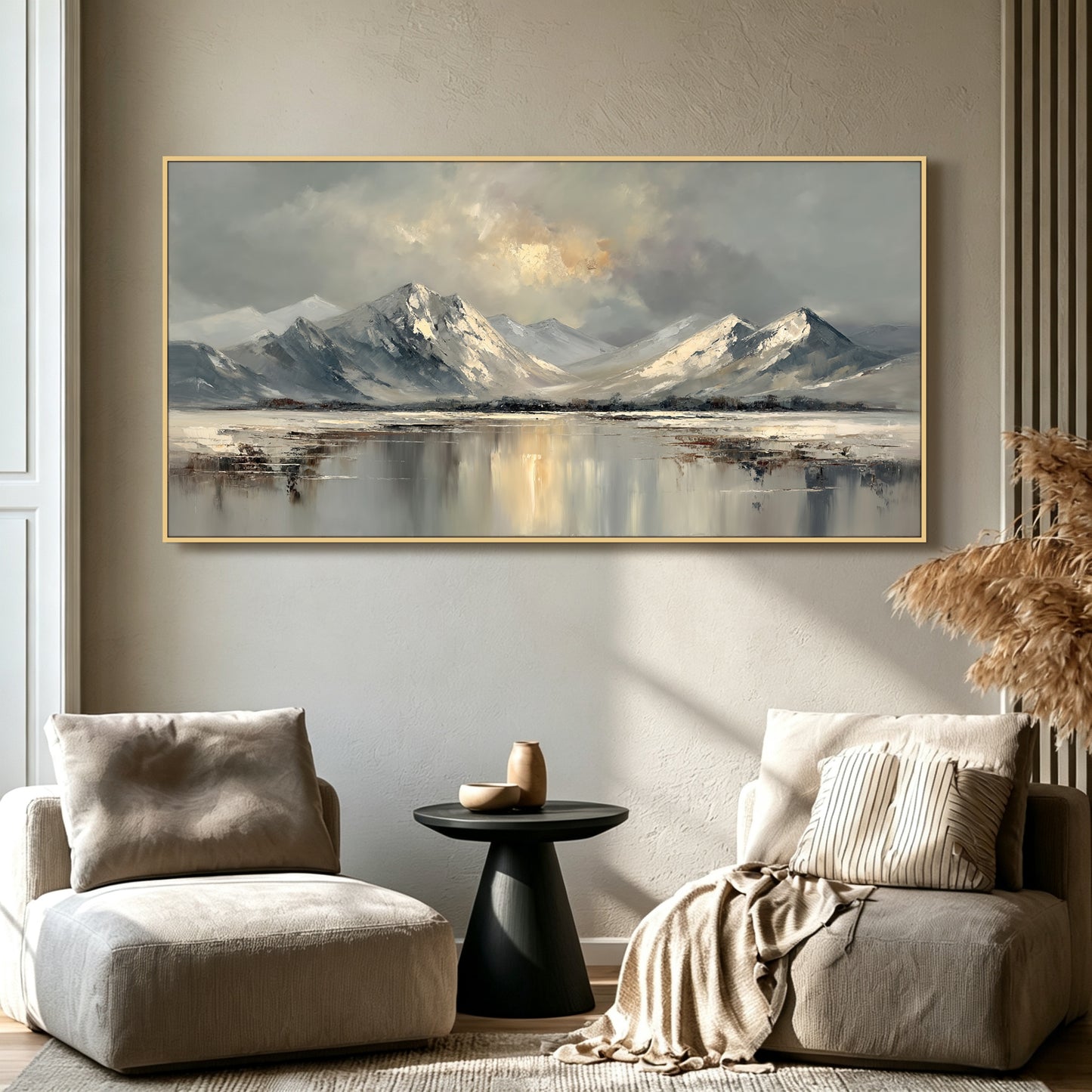 Mountain landscape painting displayed in modern living room, large custom canvas wall art