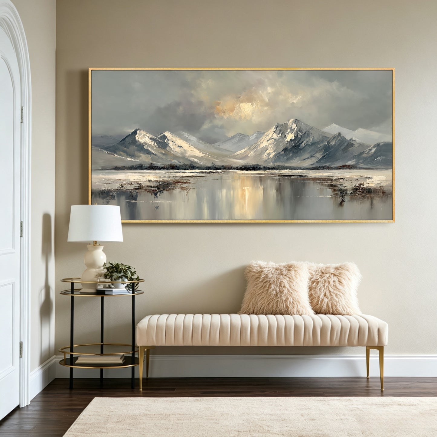 Mountain landscape painting displayed in modern living room, large custom canvas wall art