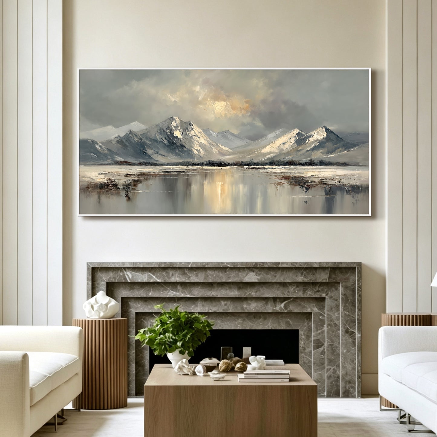 Mountain landscape painting displayed in modern living room, large custom canvas wall art