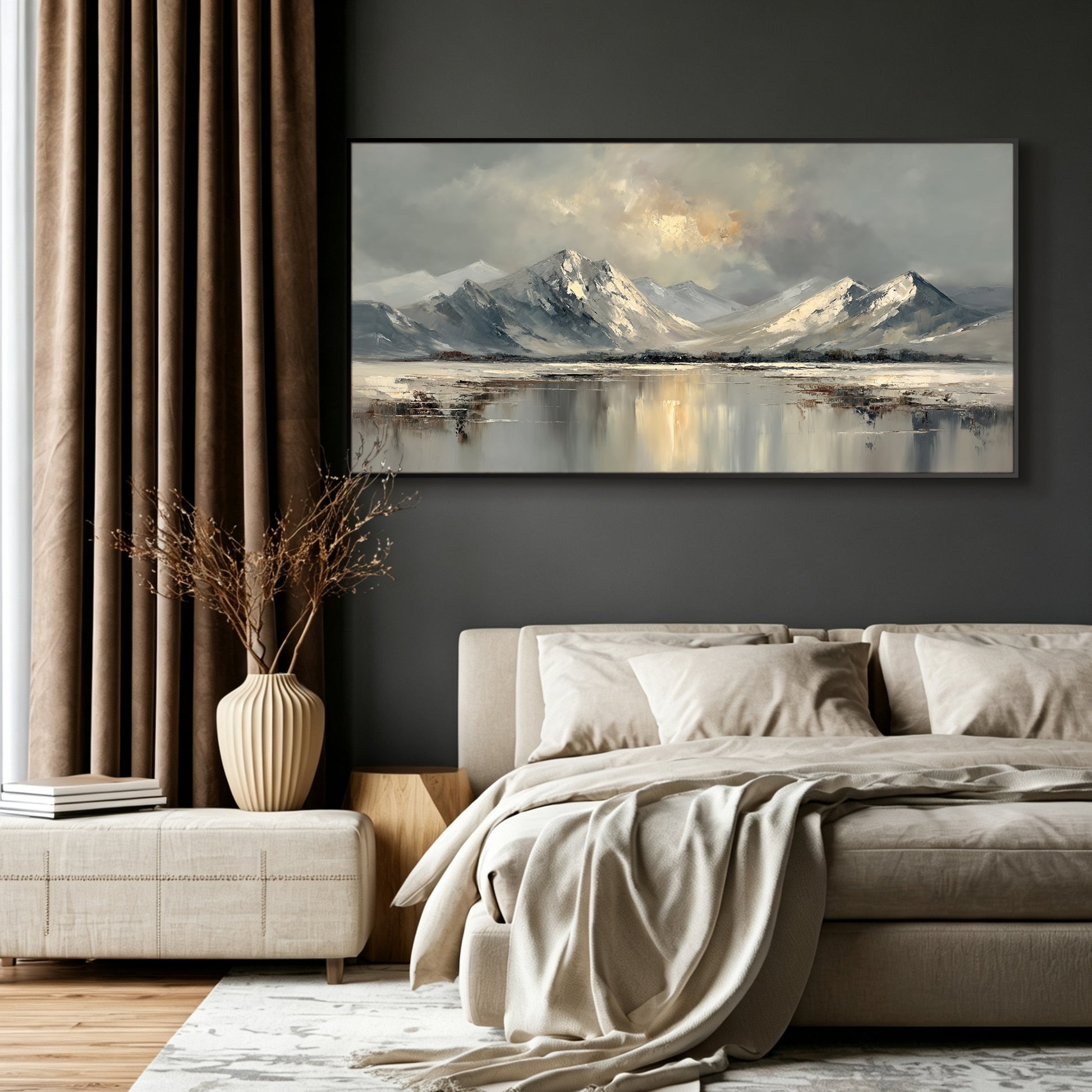 Mountain landscape painting displayed in bedroom, large custom canvas wall art