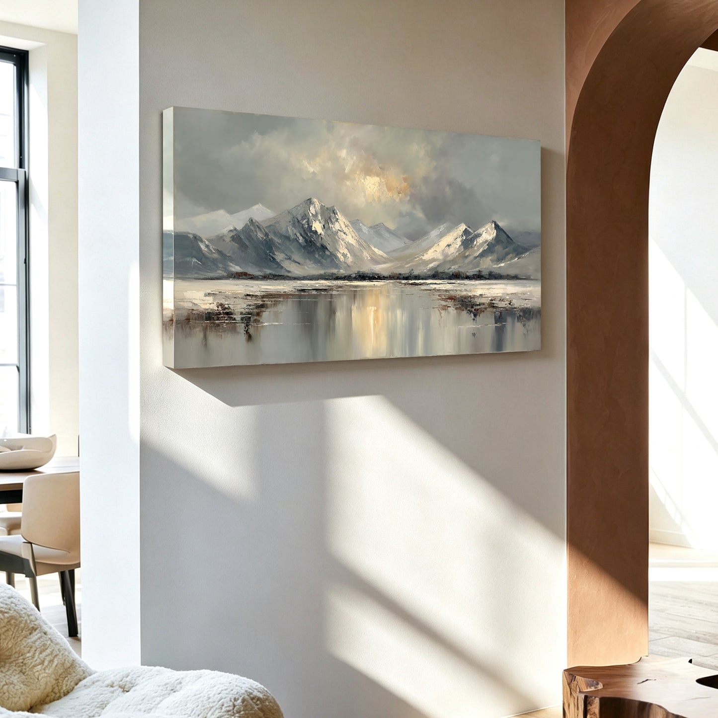 Mountain landscape painting displayed in entryway, large custom canvas wall art