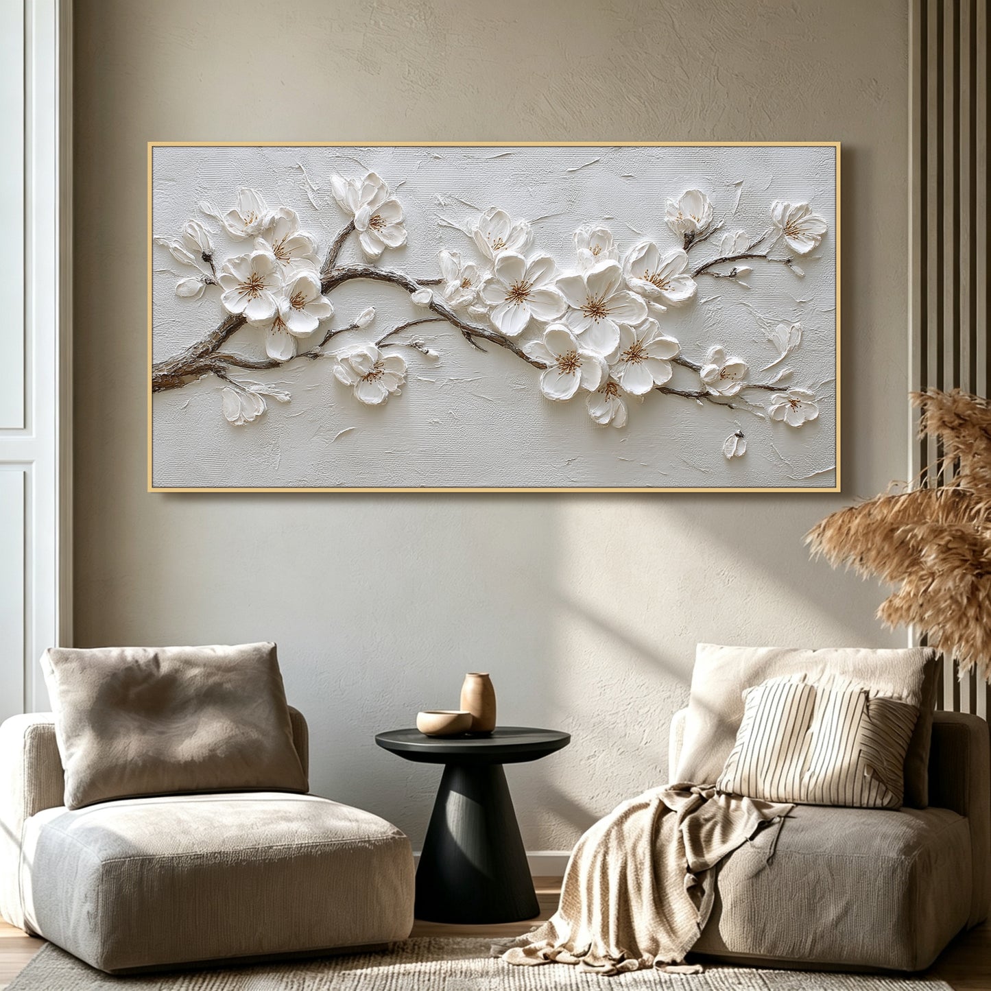 Blossom painting displayed in modern living room, large custom canvas wall art