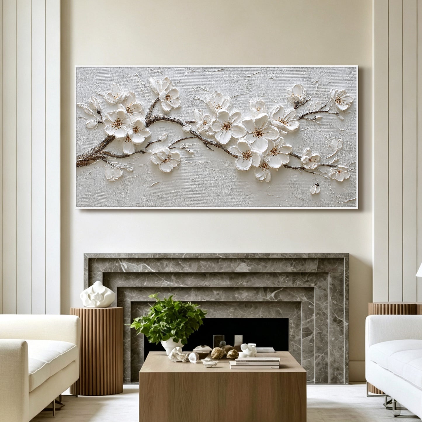Blossom painting displayed in modern living room, large custom canvas wall art
