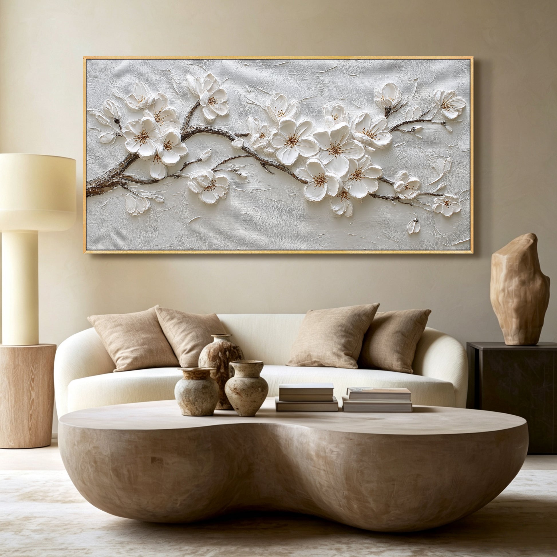 Blossom painting displayed in modern living room, large custom canvas wall art