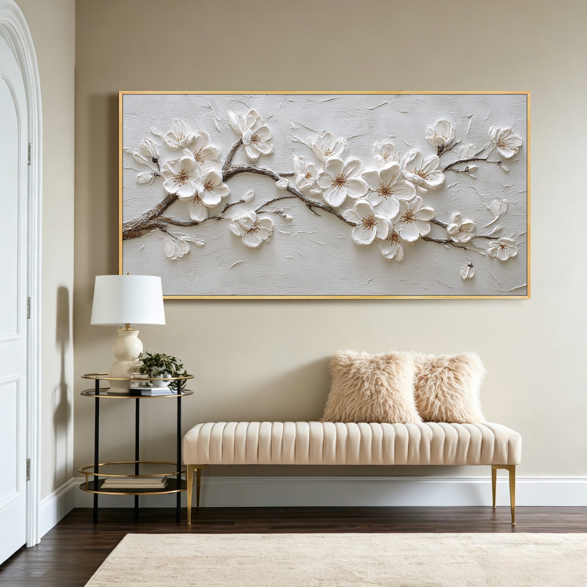 Blossom painting displayed in modern living room, large custom canvas wall art