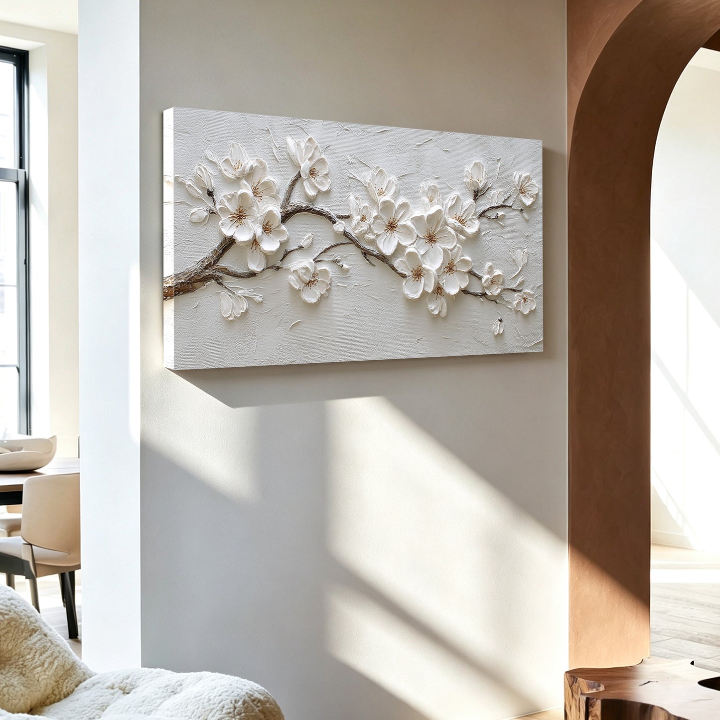 Blossom painting displayed in bedroom, large custom canvas wall art