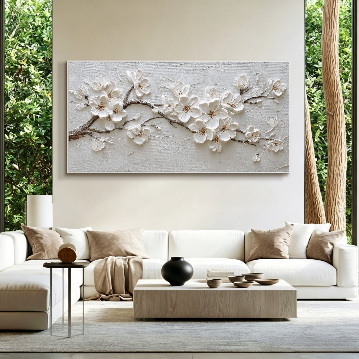 Blossom painting displayed in entryway, large custom canvas wall art
