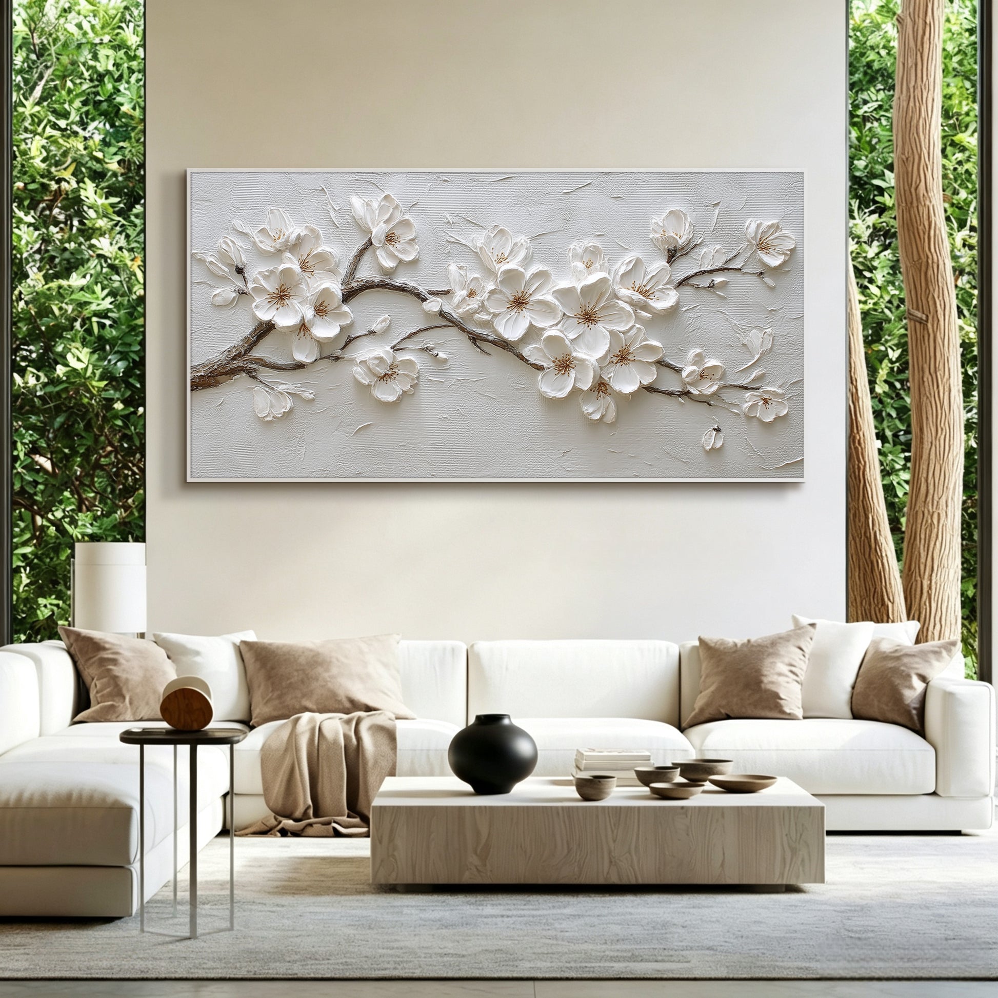 Blossom painting displayed in entryway, large custom canvas wall art
