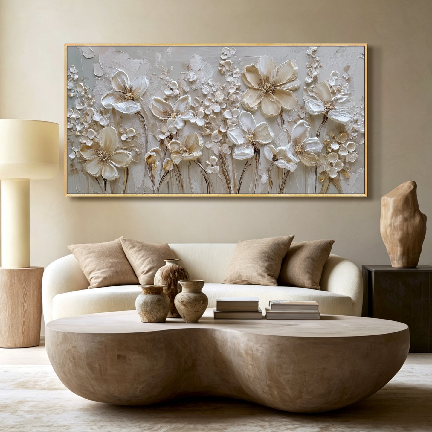 White floral impasto acrylic/oil painting on canvas, original palette knife textured wall art, custom hand-painted