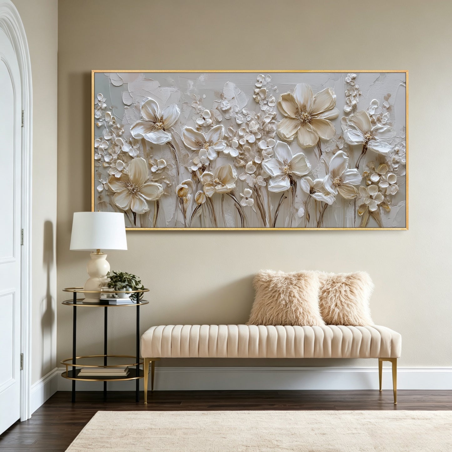 White floral painting displayed in modern living room, large custom canvas wall art