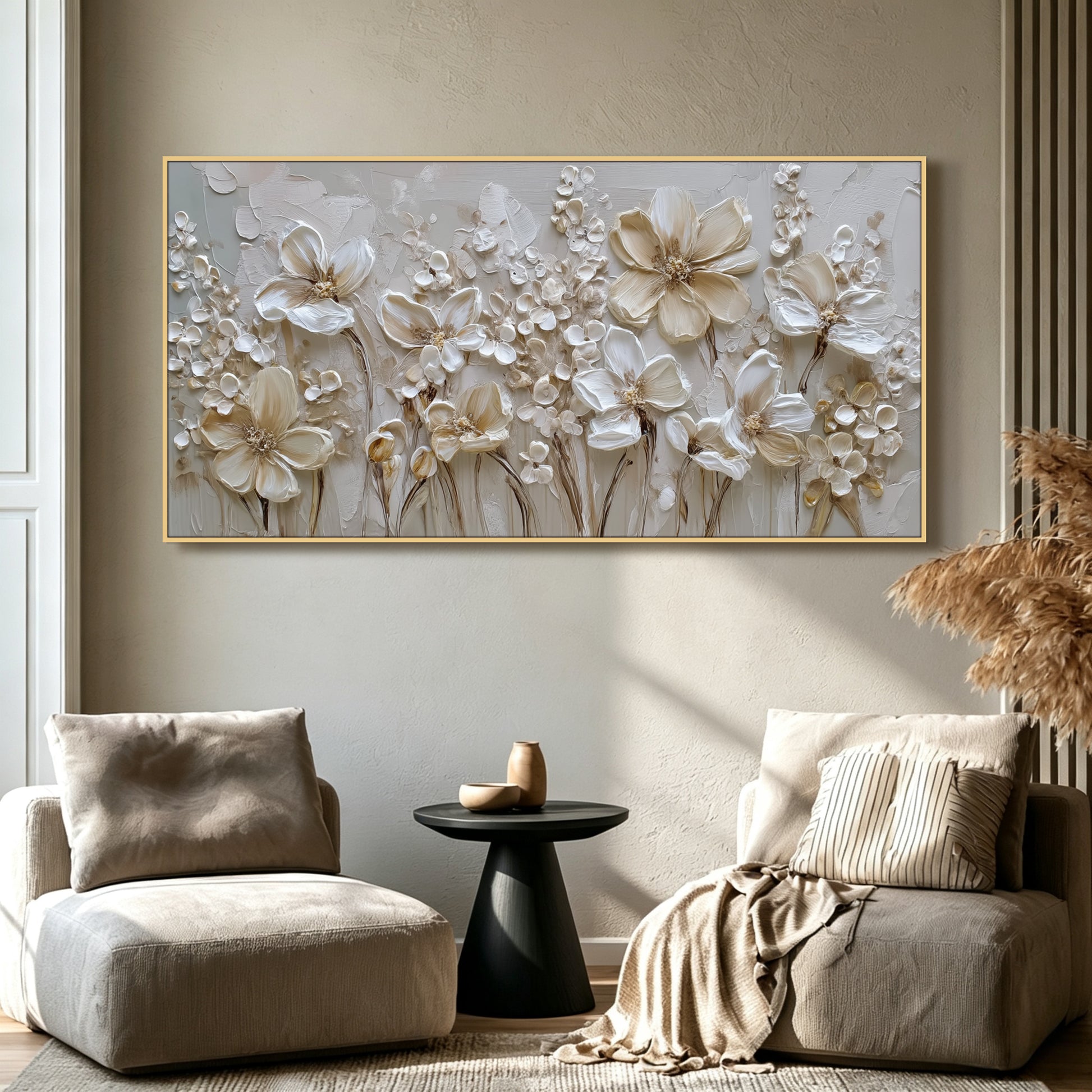 White floral painting displayed in modern living room, large custom canvas wall art