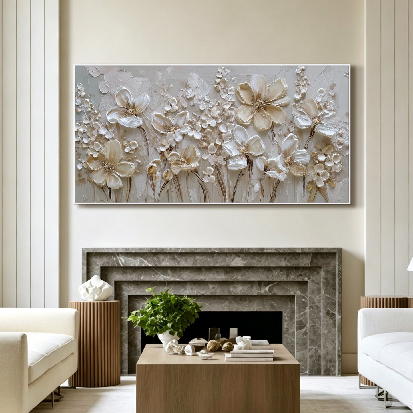 White floral painting displayed in modern living room, large custom canvas wall art