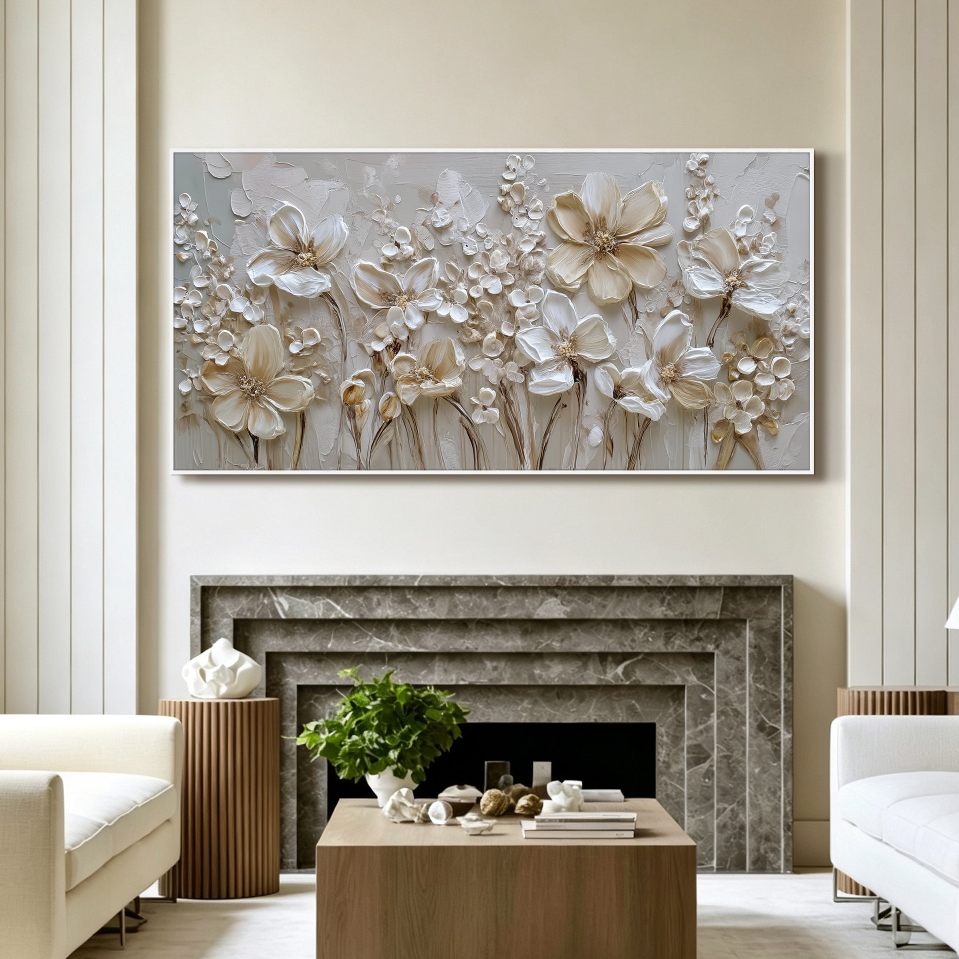 White floral painting displayed in modern living room, large custom canvas wall art