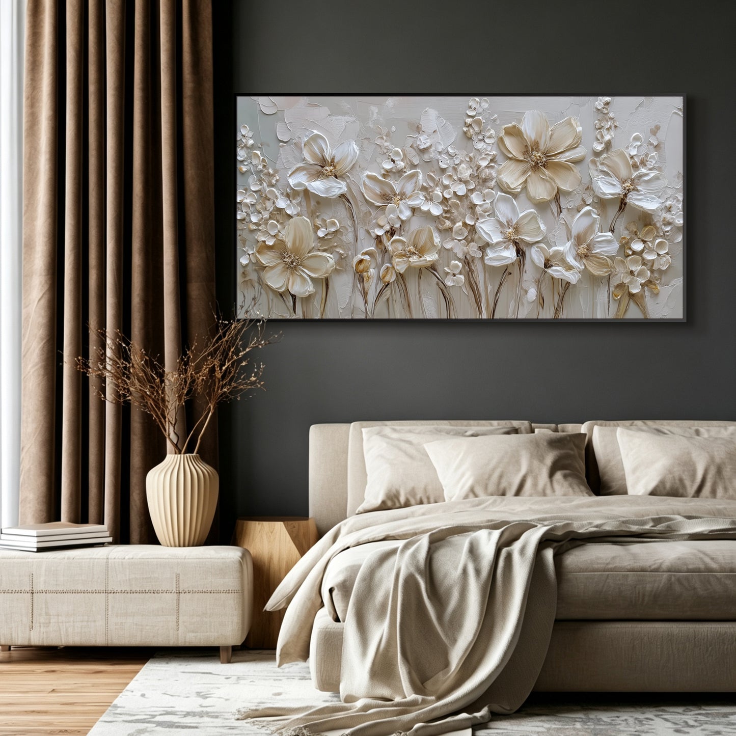 White floral painting displayed in modern living room, large custom canvas wall art