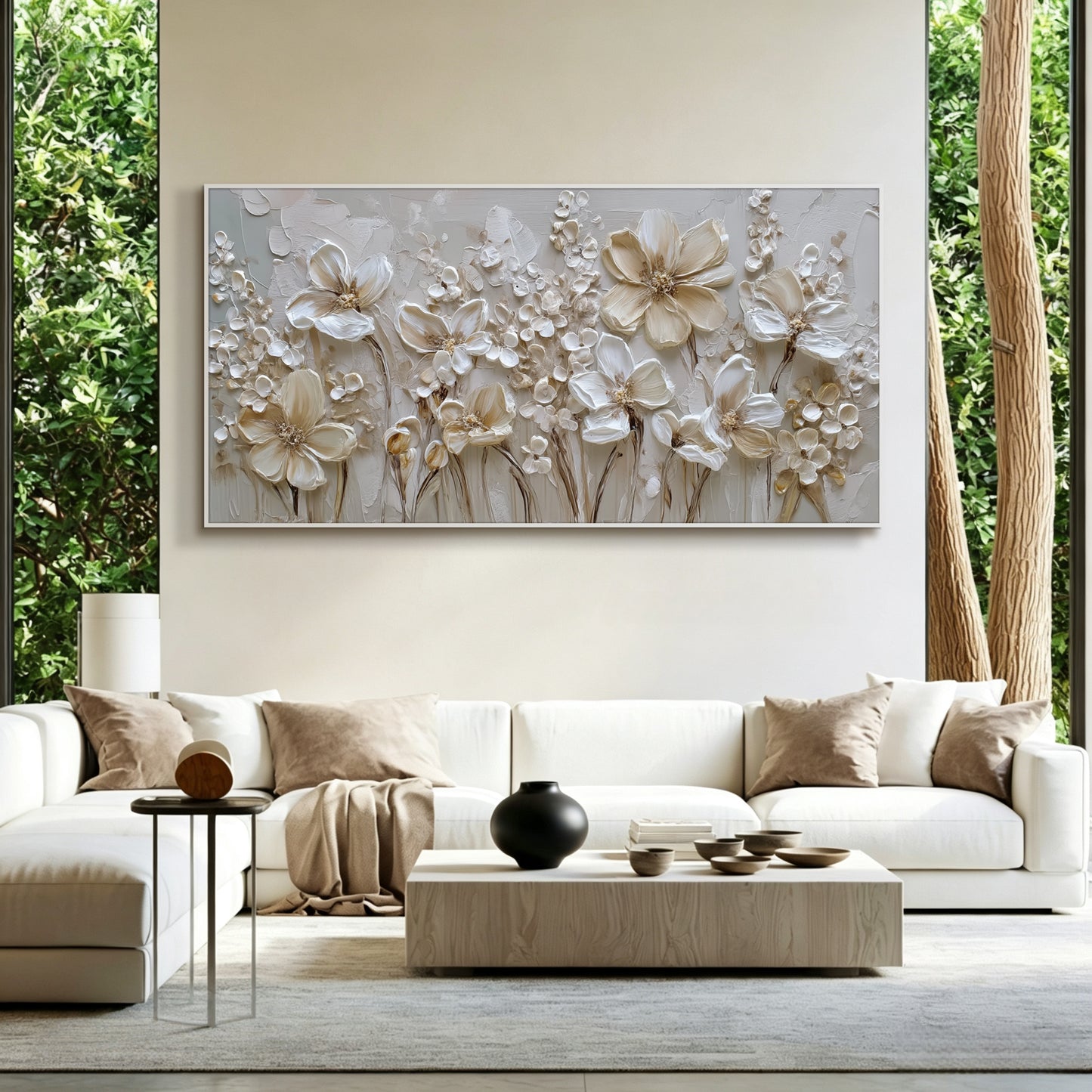 White floral painting displayed in bedroom, large custom canvas wall art