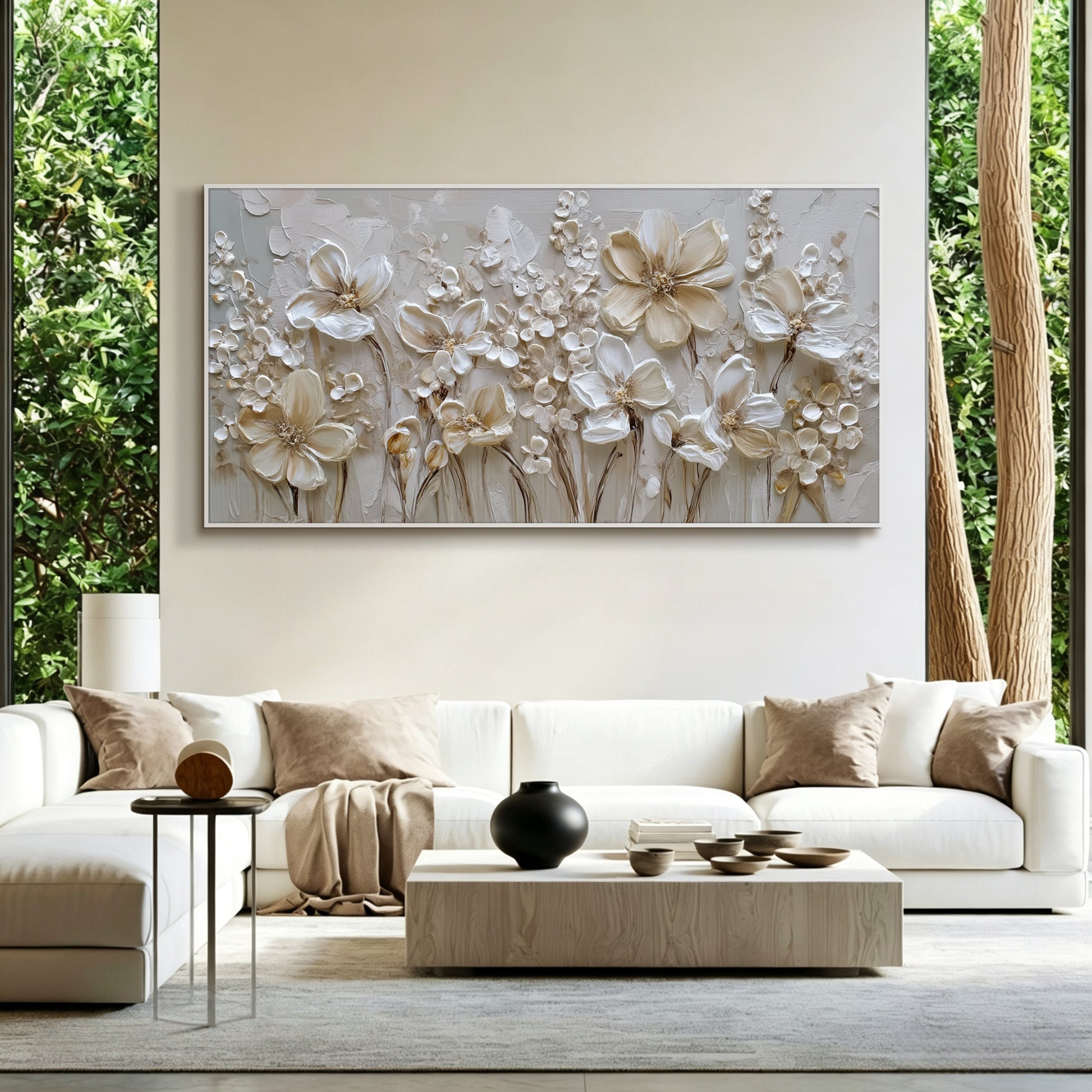 White floral painting displayed in bedroom, large custom canvas wall art