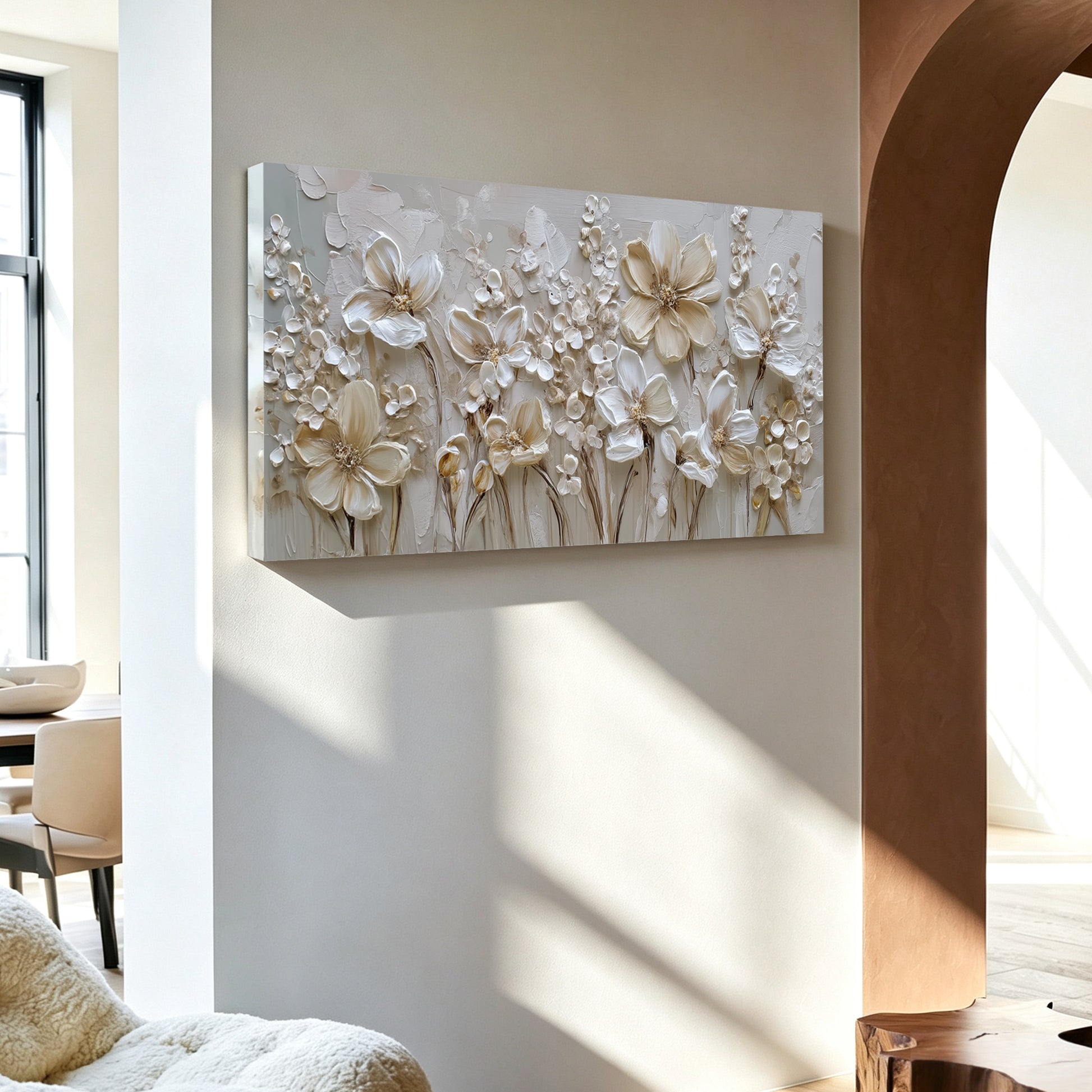 White floral painting displayed in entryway, large custom canvas wall art
