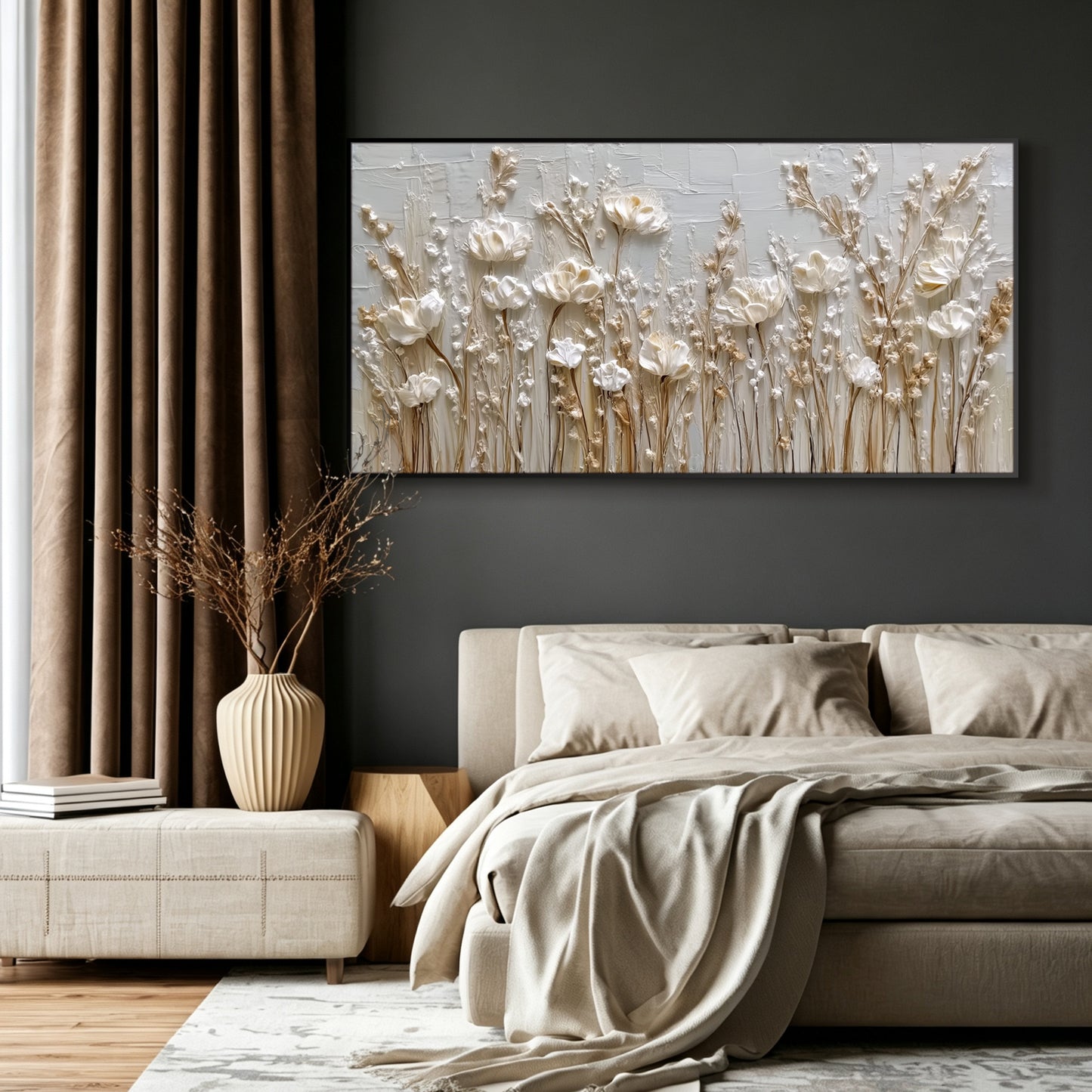 Wildflower painting displayed in modern living room, large custom canvas wall art