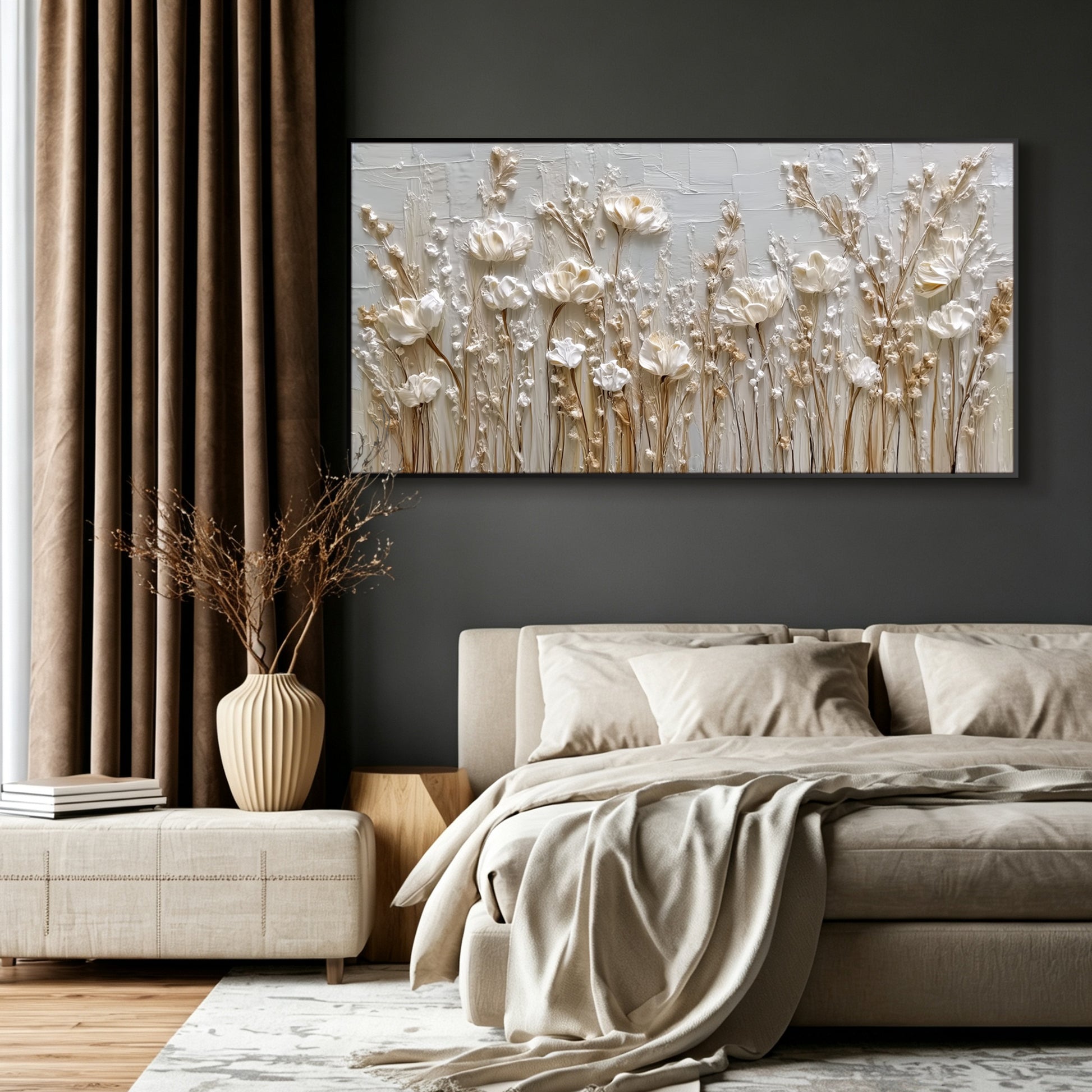 Wildflower painting displayed in modern living room, large custom canvas wall art
