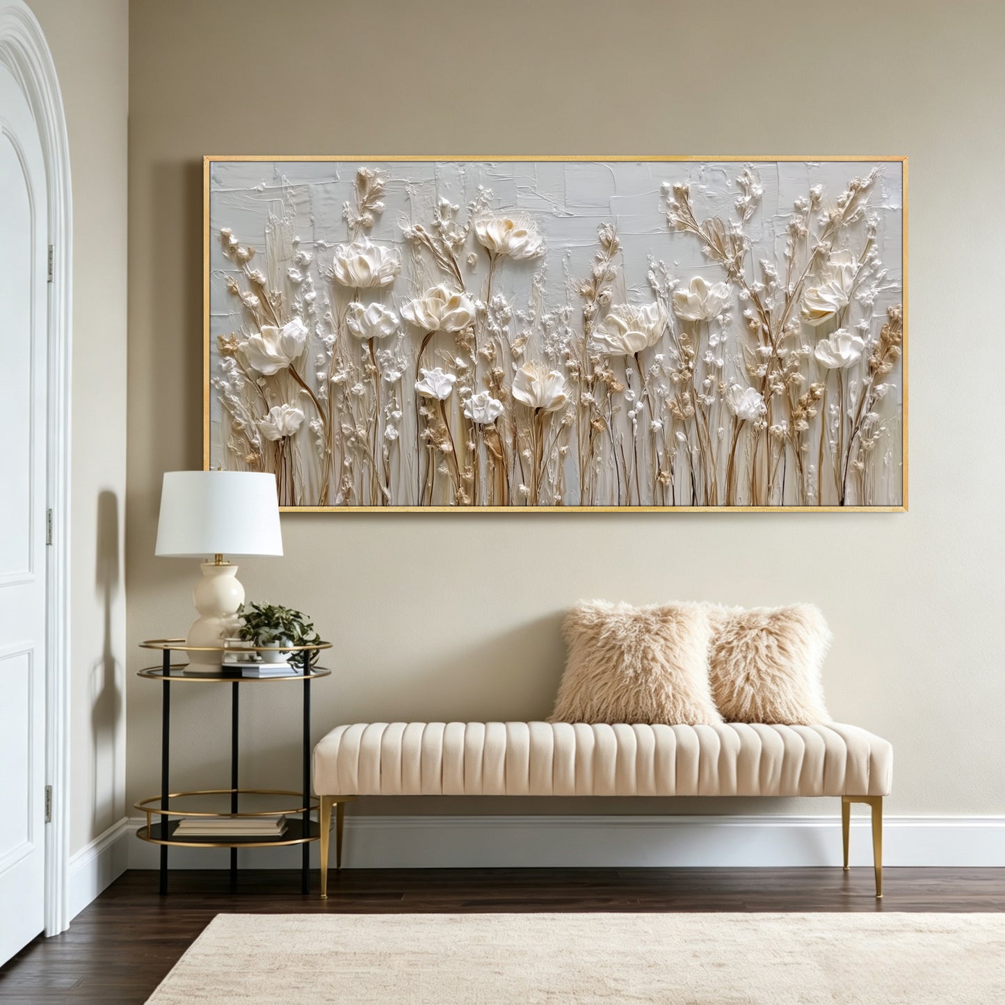 Wildflower painting displayed in modern living room, large custom canvas wall art