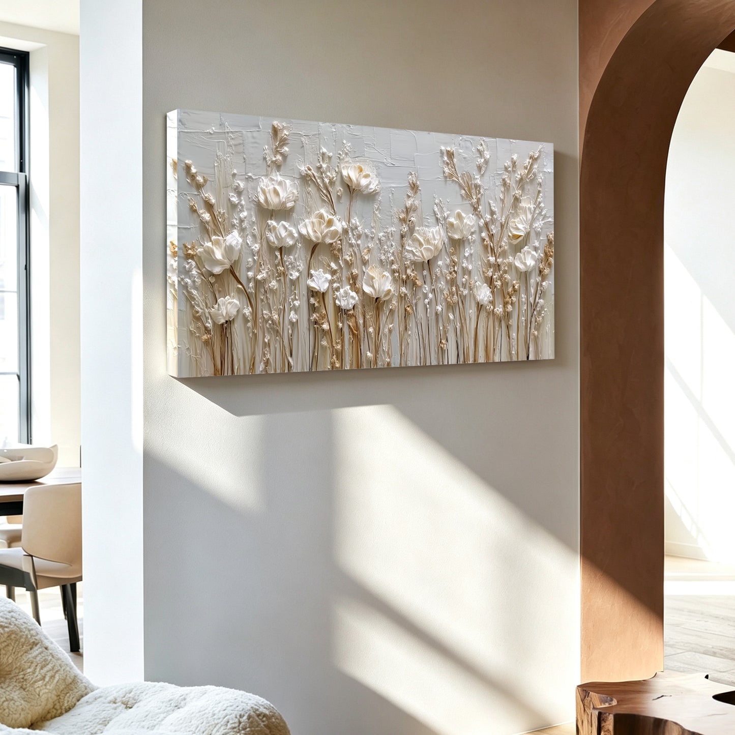 Wildflower painting displayed in modern living room, large custom canvas wall art