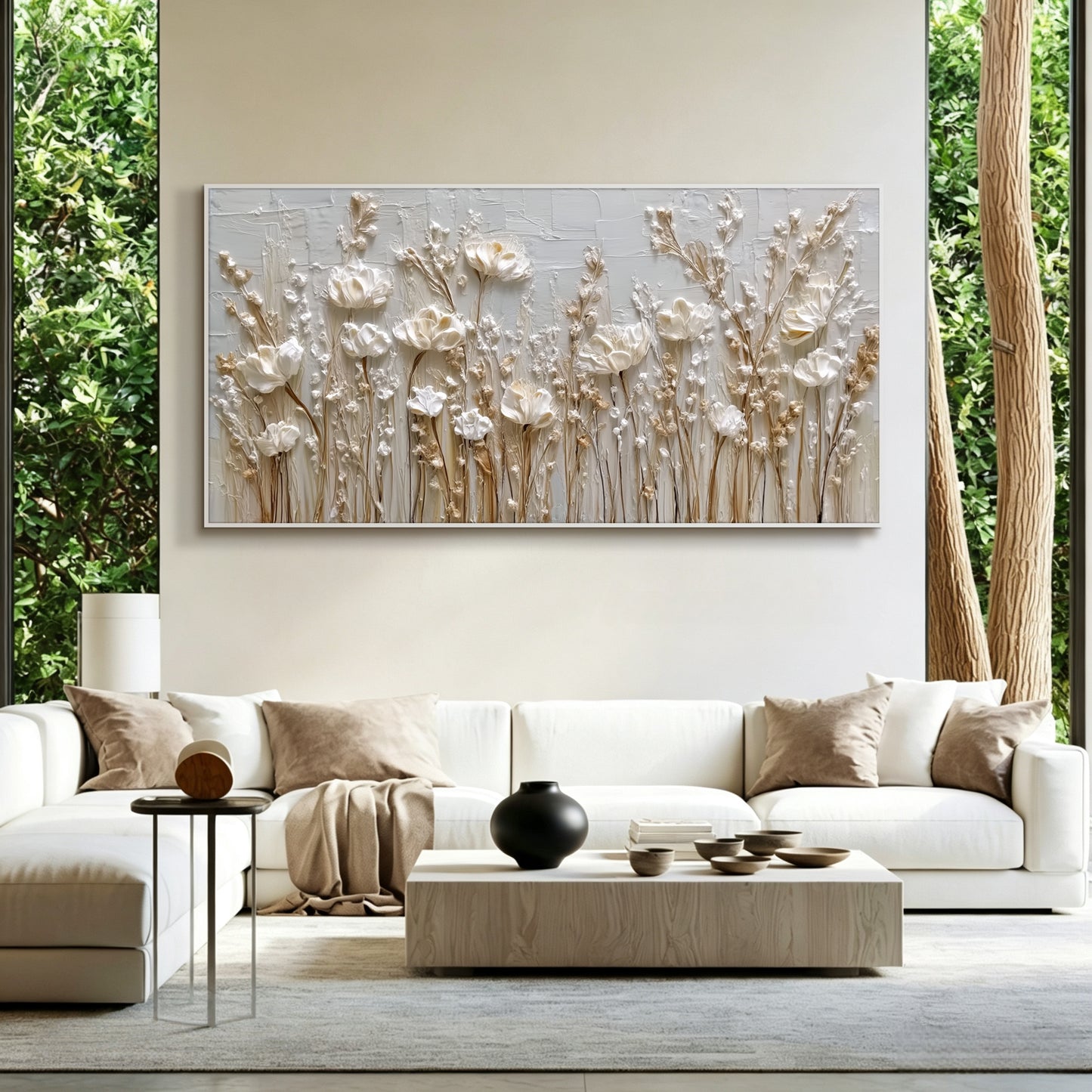 Wildflower painting displayed in modern living room, large custom canvas wall art