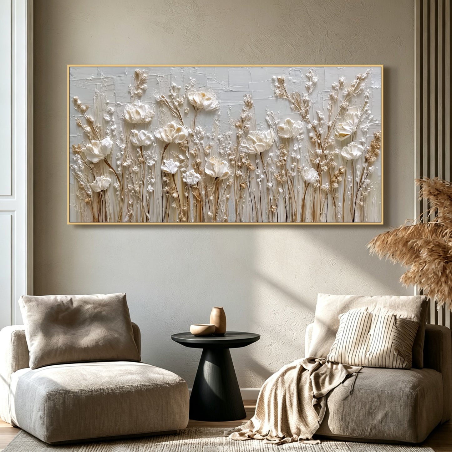 Wildflower painting displayed in bedroom, large custom canvas wall art
