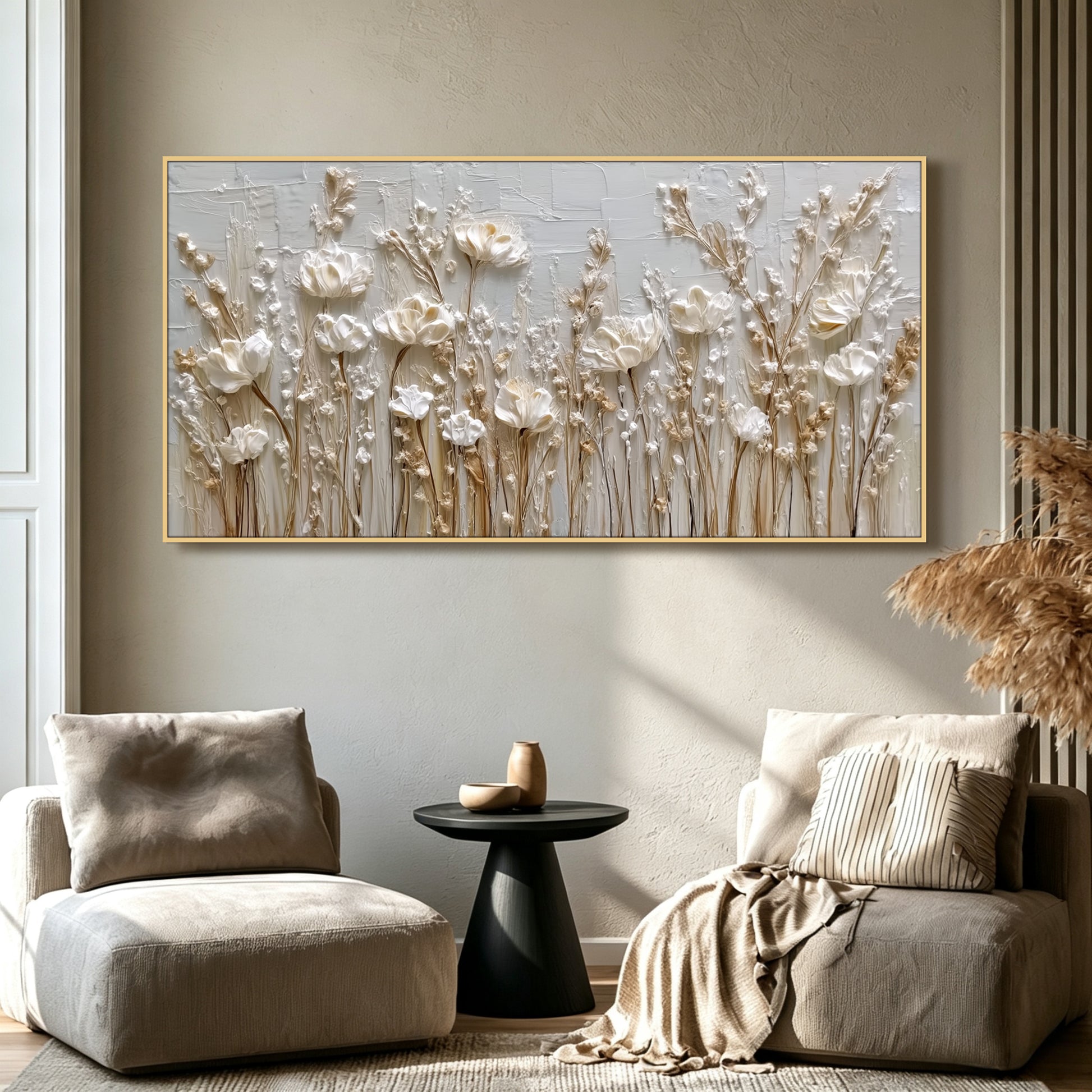 Wildflower painting displayed in bedroom, large custom canvas wall art