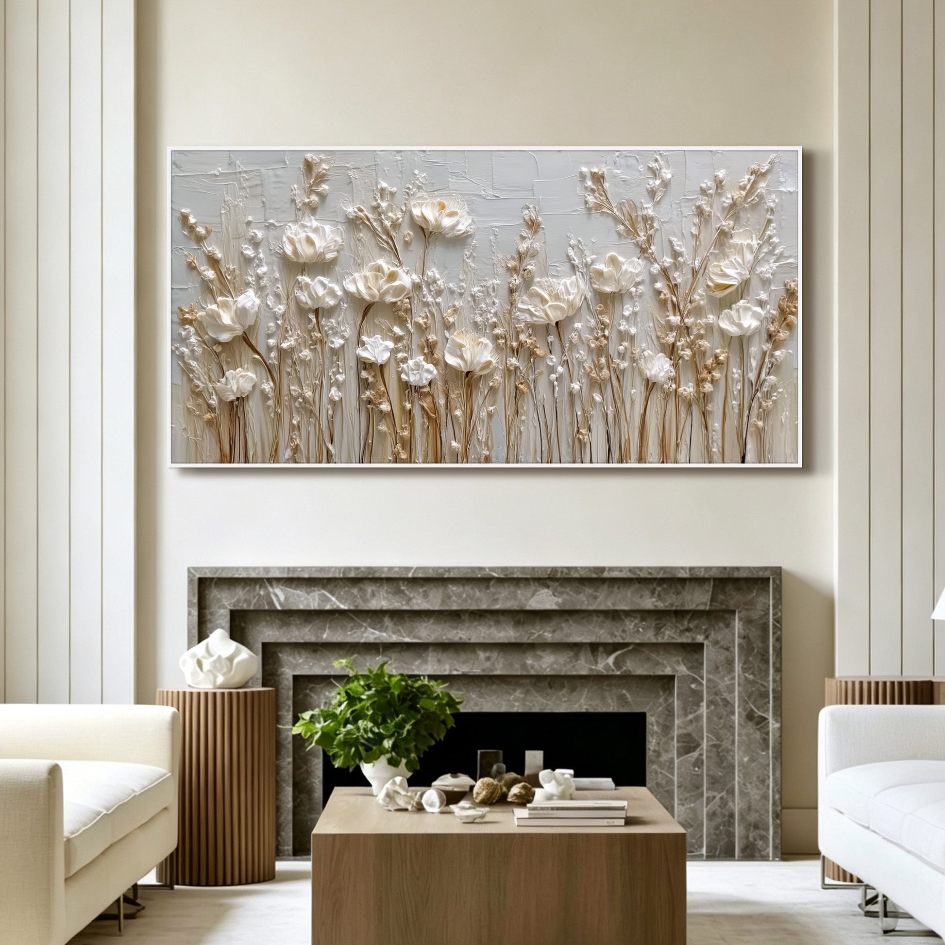Wildflower painting displayed in entryway, large custom canvas wall art