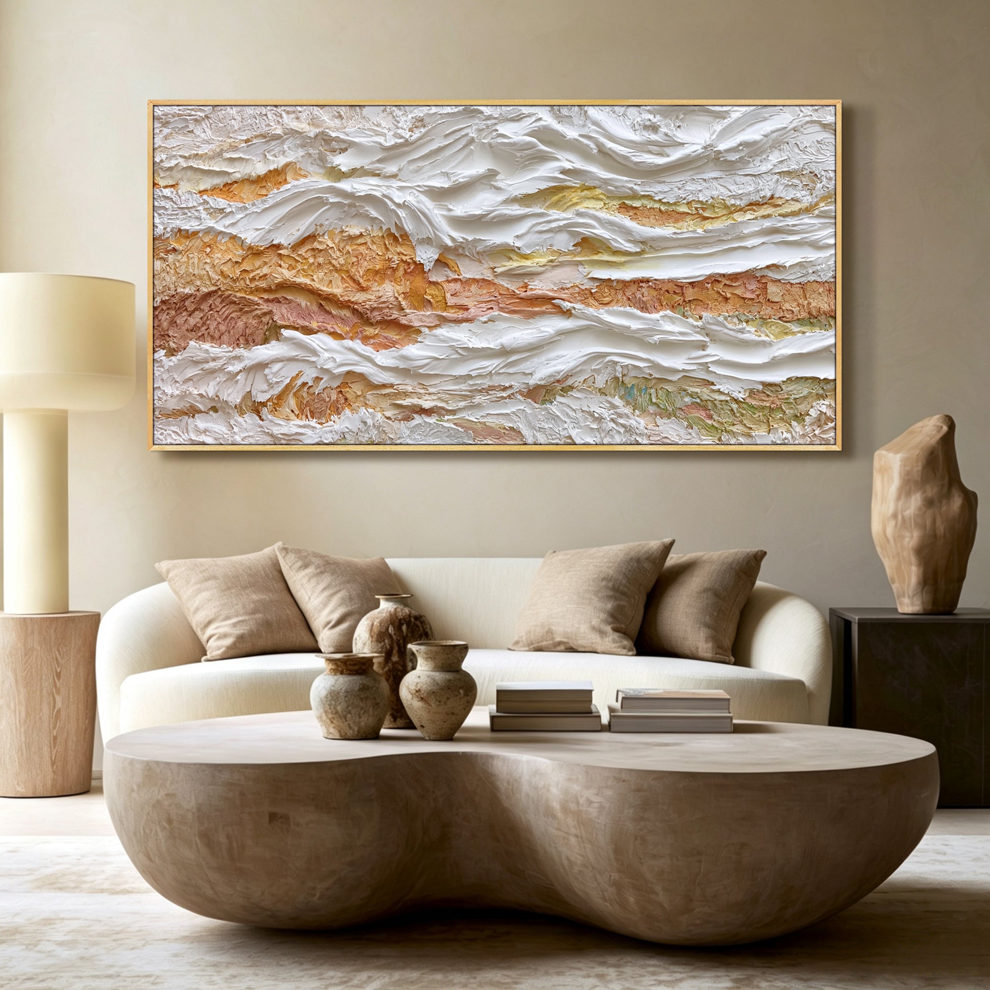 Ivory and gold abstract impasto acrylic/oil painting on canvas, original palette knife textured wall art, custom hand-painted