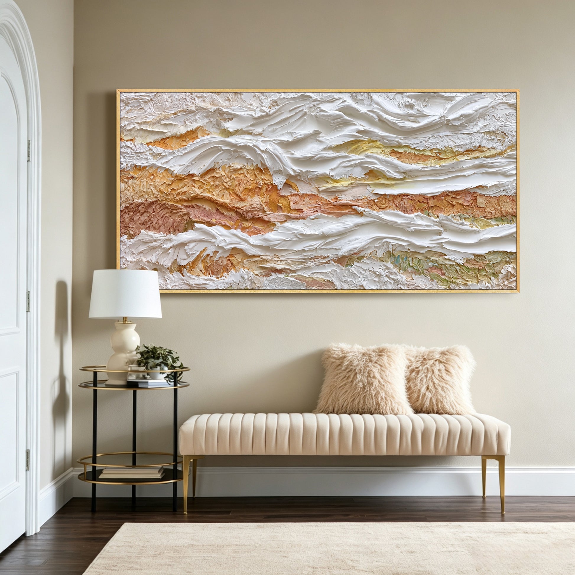 Ivory and gold abstract painting displayed in modern living room, large custom canvas wall art