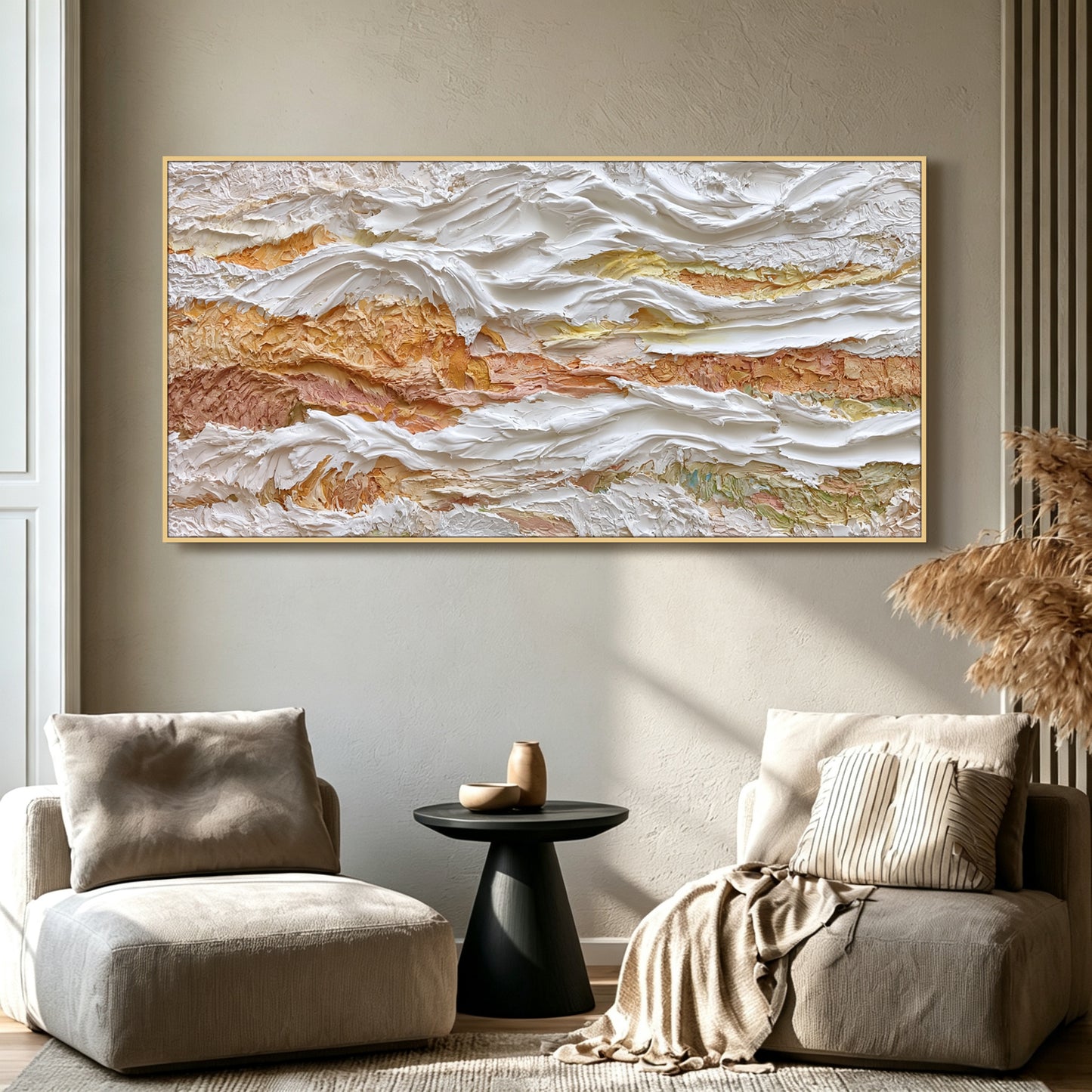 Ivory and gold abstract painting displayed in modern living room, large custom canvas wall art