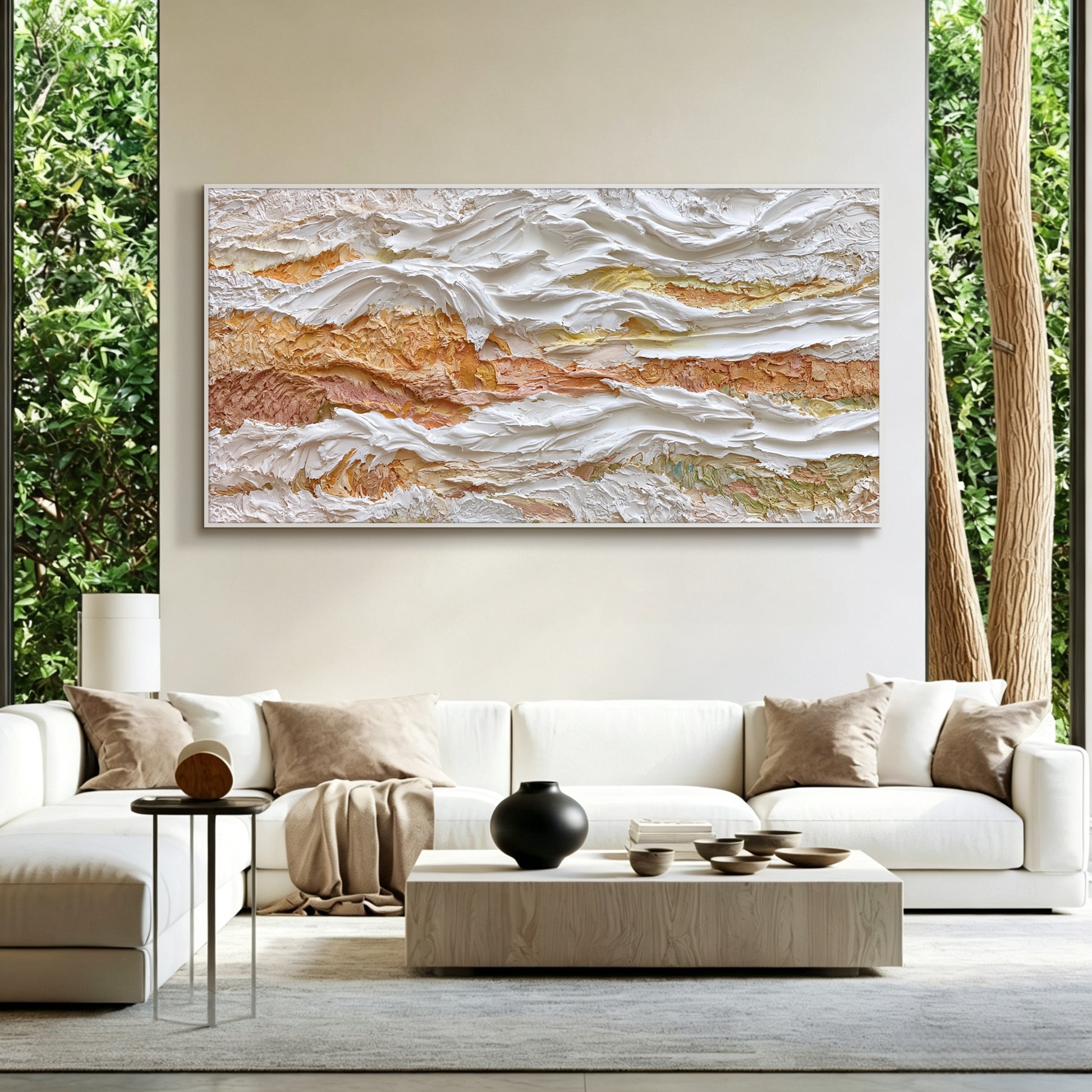 Ivory and gold abstract painting displayed in modern living room, large custom canvas wall art