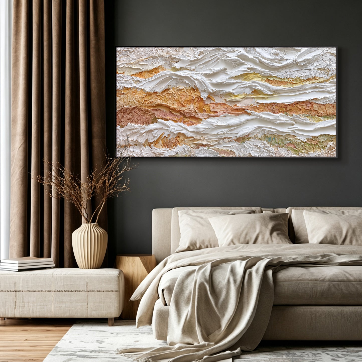 Ivory and gold abstract painting displayed in modern living room, large custom canvas wall art