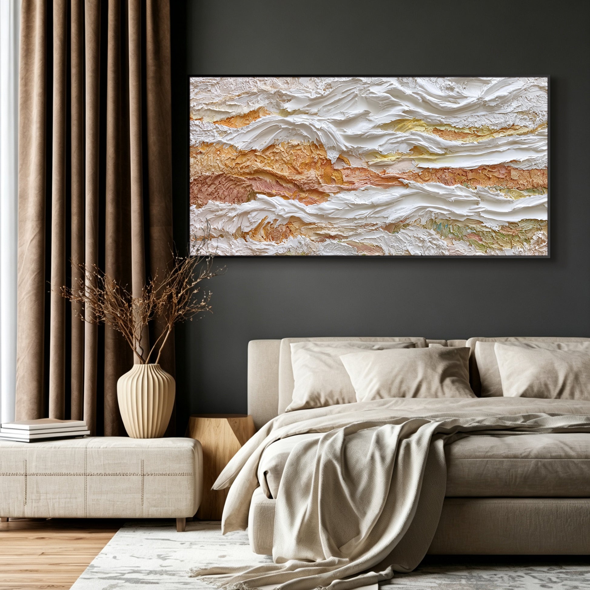 Ivory and gold abstract painting displayed in modern living room, large custom canvas wall art